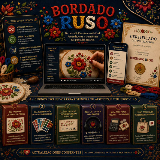 🧵BORDADO RUSO - 📹CURSO CON +300 MINUTOS - 🌸+200 PATRONES PARA CREAR